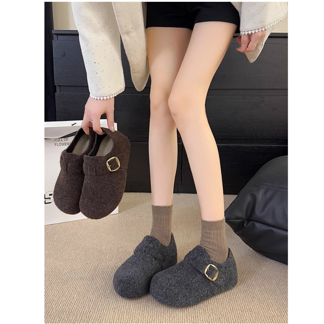 KL复古毛毡加绒勃肯鞋女2025秋冬新款加绒一脚蹬保暖棉鞋毛呢