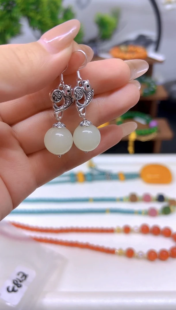 和田玉（白玉）银S925镶嵌耳饰E783