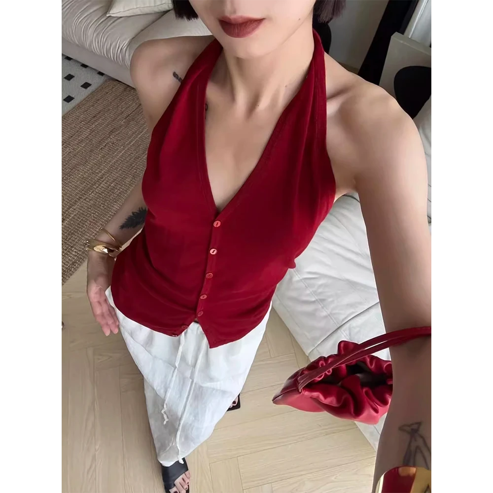 法式气质红色挂脖针织背心吊带女夏外穿高级感独特露背无袖上衣薄