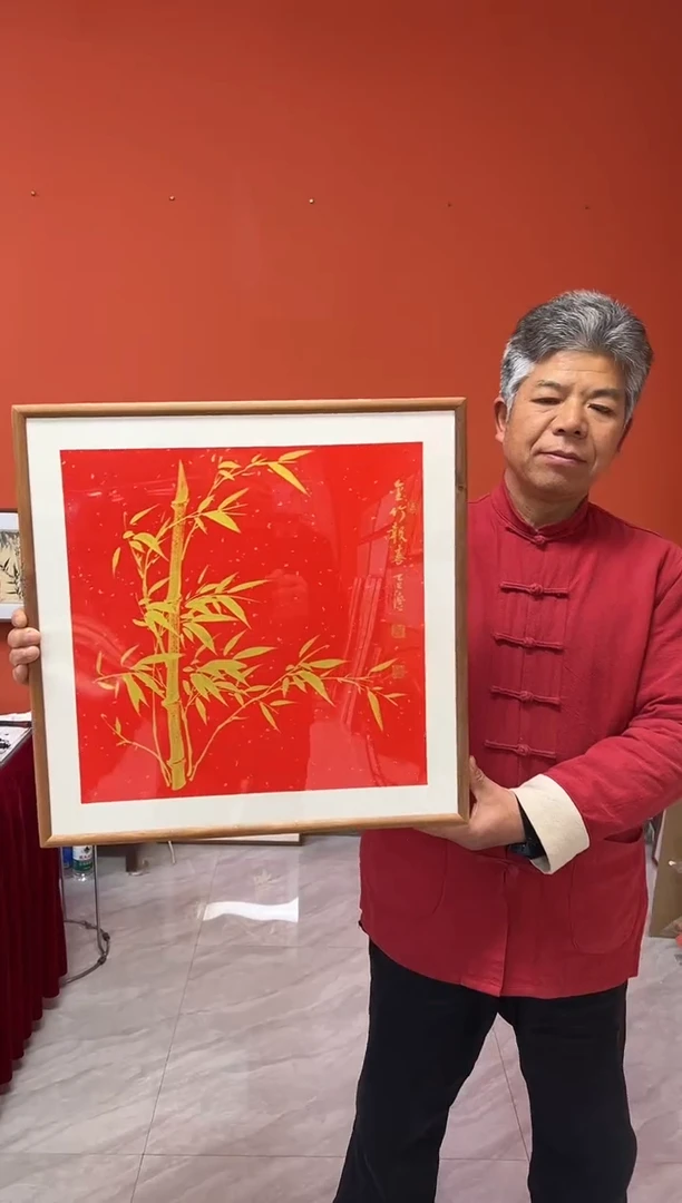 书法张富民手绘作品/金竹报喜（乌檀木外框）52*52