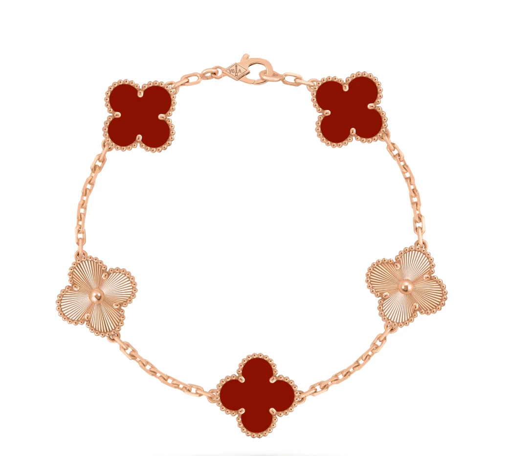 99新 梵克雅宝 Alhambra镭射红五花玫瑰金珠宝金手链四叶草手链