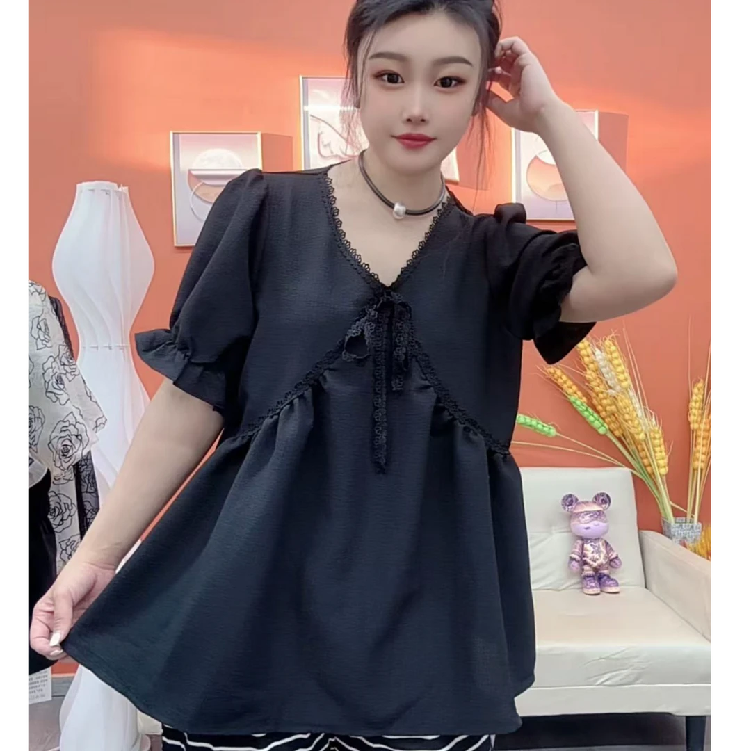 夏季大码胖mm气质v领花边袖显瘦短袖衬衫