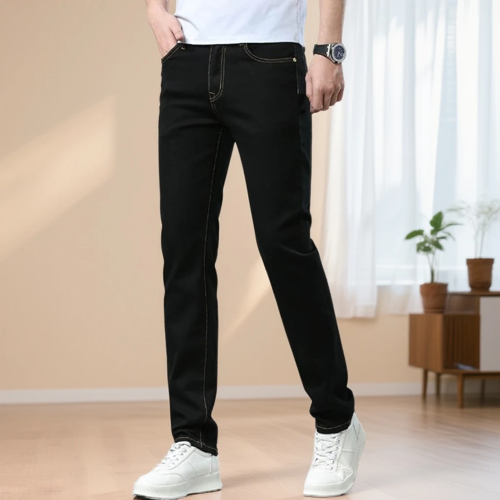 不掉色黑色牛仔裤男款秋冬新款弹力修身小脚裤休闲百搭加绒男裤子