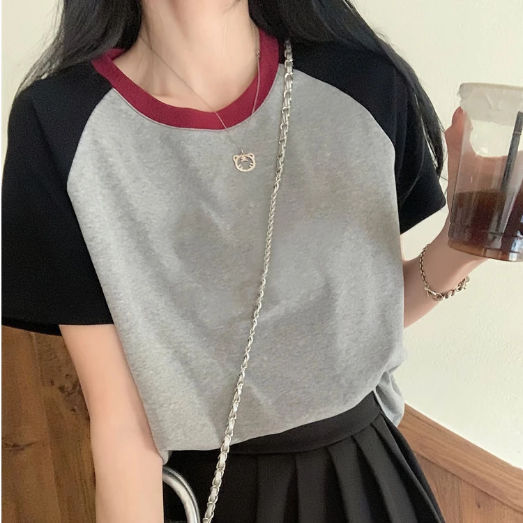 拼接t恤女美式正肩撞色圆领插肩袖下摆弧形洋气夏宽松休闲棉短袖