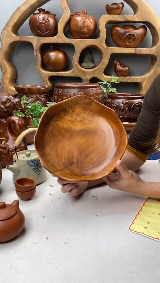 香樟木A18三足荷叶果盆/尺寸