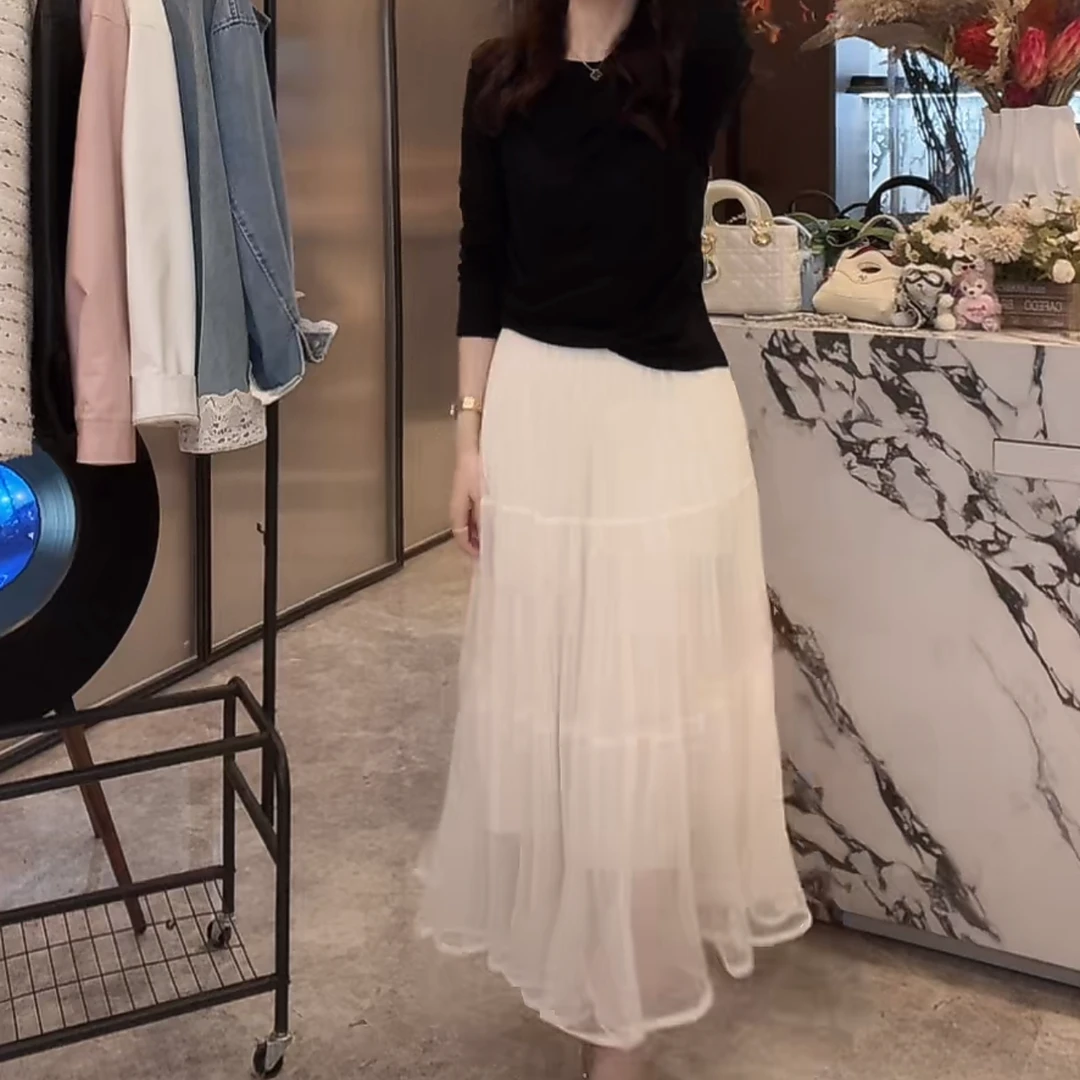 设计感薄款软糯长袖T恤+优雅风网纱半身裙女春季2025新款套装