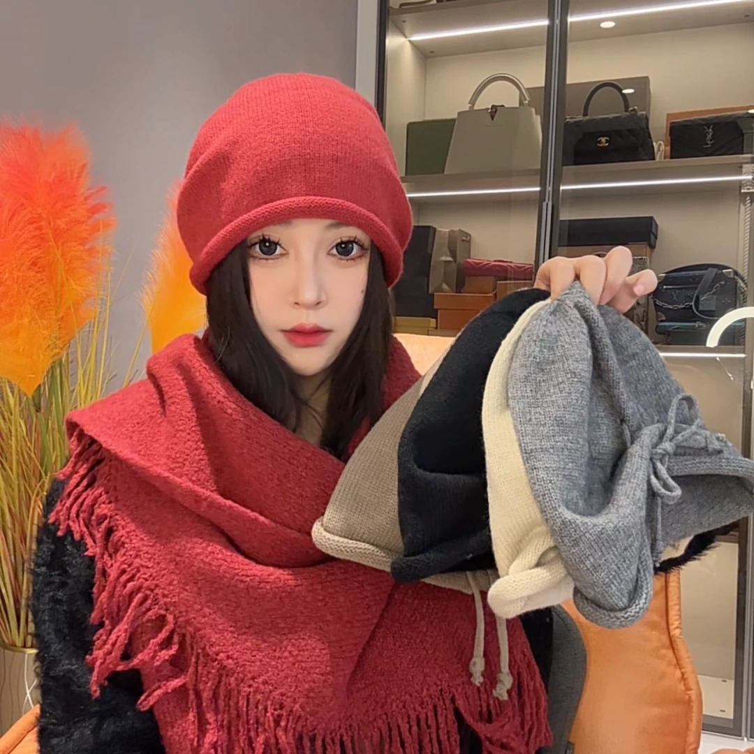 日系简约针织俏皮抽绳堆堆帽女秋冬加厚保暖休闲冷帽包头帽