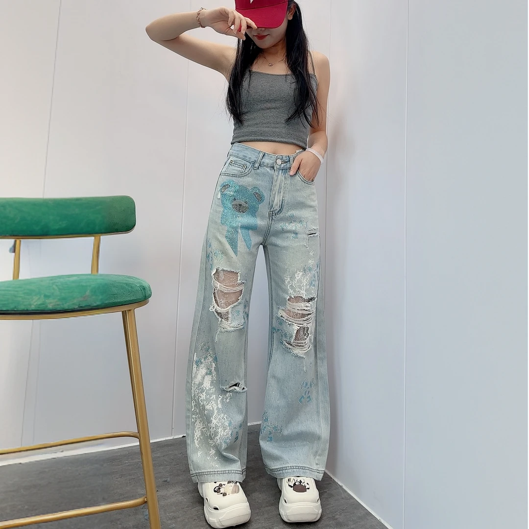 欧货蕾丝拼接破洞窄版直筒重工设计牛仔裤