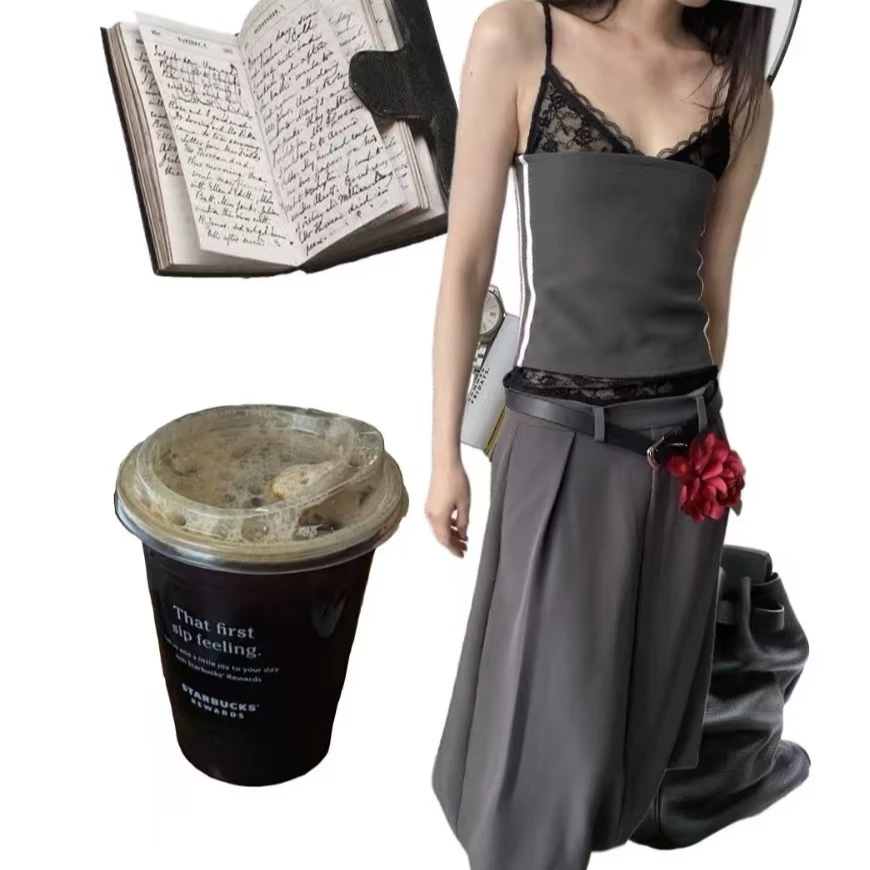 福福-【蕾丝小宝】高级简约百搭内搭灰色蕾丝拼接假两件吊带