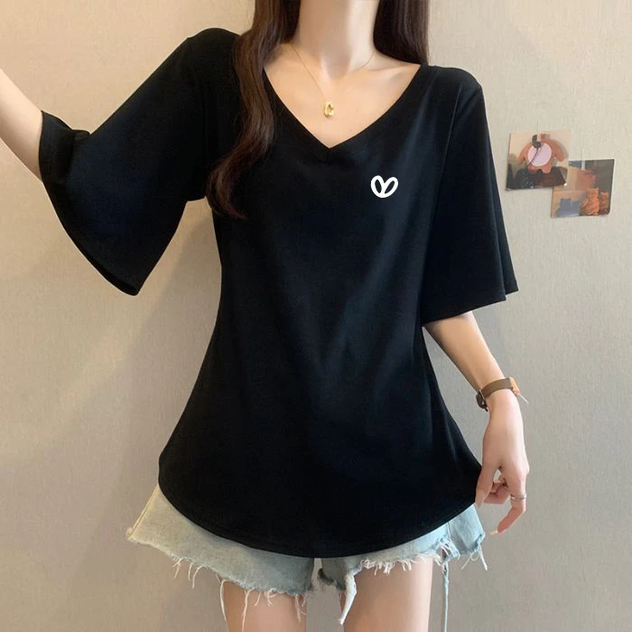 黑色v领正肩宽松百搭显瘦短袖女2025新款休闲夏装减龄休闲T恤上衣