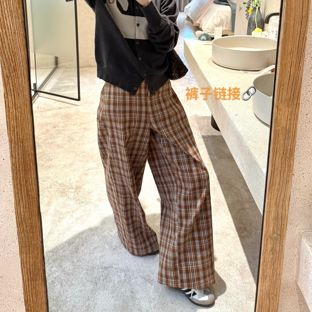 Made in Korea——【橙色格纹裤】韩档秋季带机理感的休闲格纹直筒裤