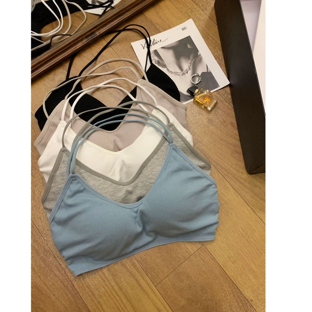燕莉安辣妹性感设计感交叉裹胸美背夏季纯色内搭带胸垫背心