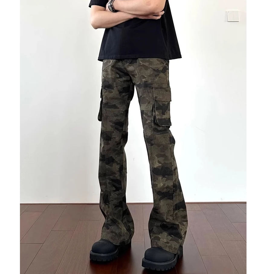 美式复古迷彩工装牛仔裤男士春秋季2025新款修身直筒微喇长裤子男
