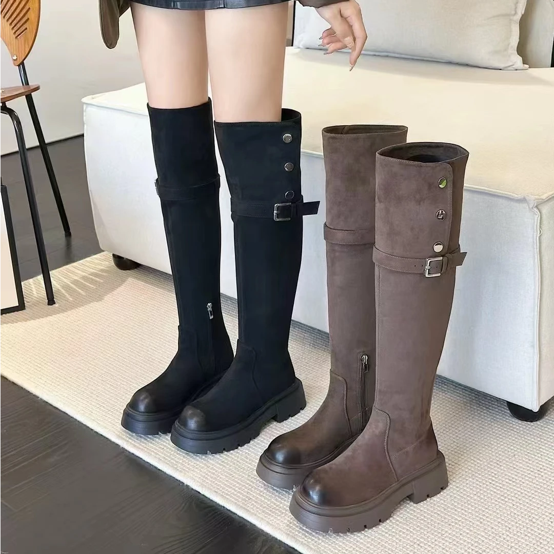 秋冬新款韩版通勤瘦瘦简约厚底裸靴过膝长靴616-9(加绒)