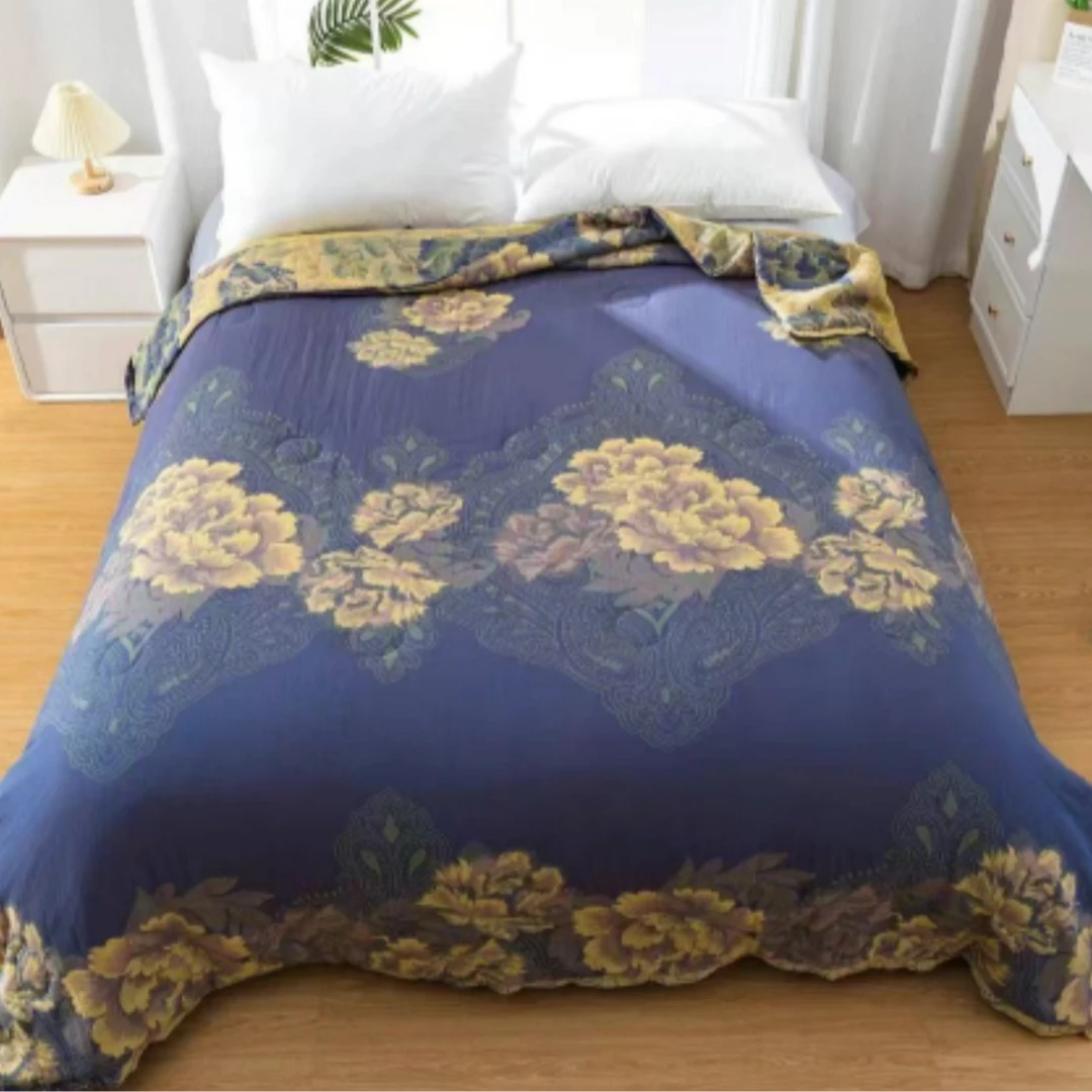 尾货多功能纱布盖毯床盖--蓝色欧花200*230带包