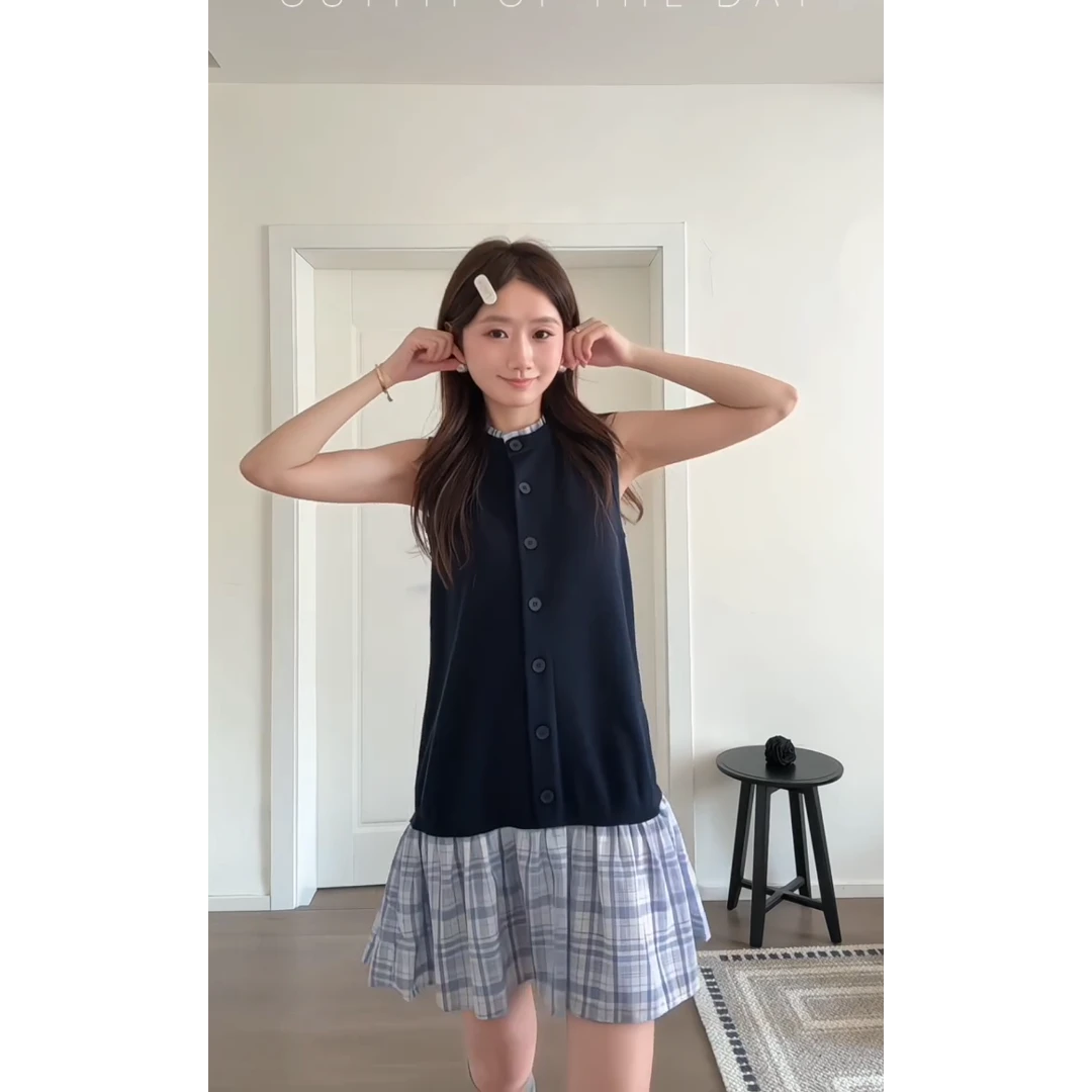 MARIE.COCO韩系甜美可爱风无袖连衣裙女不规则独特格纹拼接下摆裙