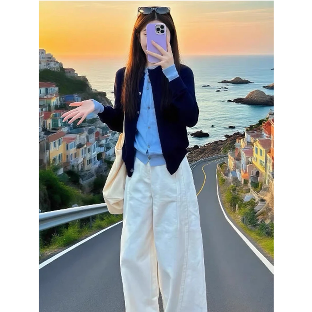 韩系小香风假两件针织毛衣开衫女秋季慵懒高级感宽松软糯上衣套装