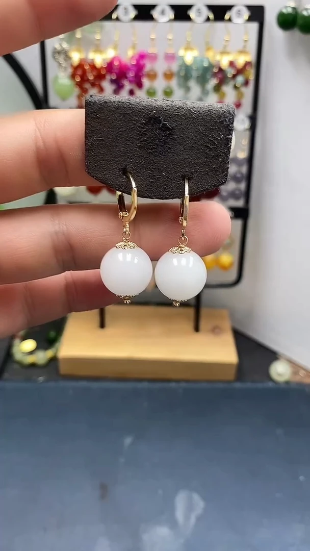 银S925镀金镶嵌和田玉耳饰尺寸14mm耳扣55