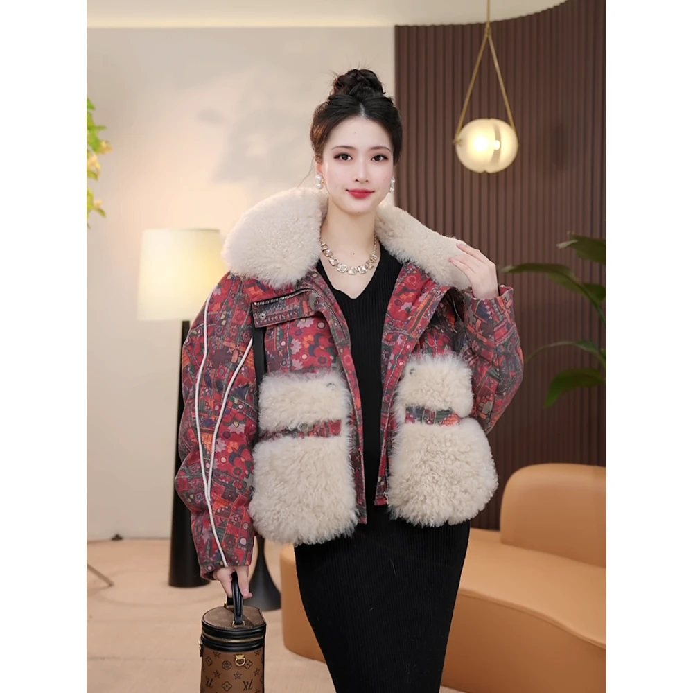 【茅茅专属】25980冬季新款巴洛克风印花羊毛口袋大毛领连帽羽绒服