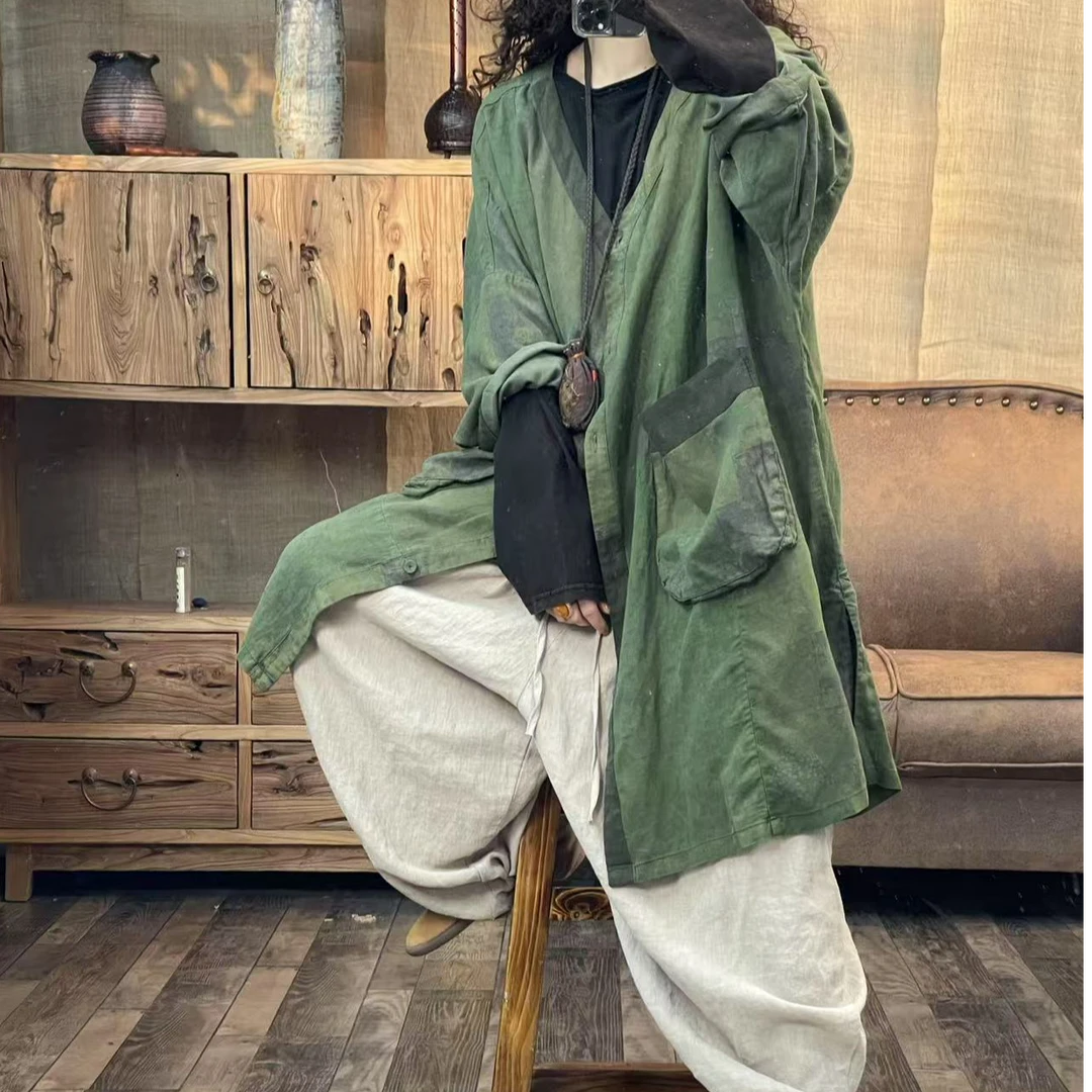 [四月阳光]春季亚麻炒色印花拼接休闲女装开衫(长83胸围158)