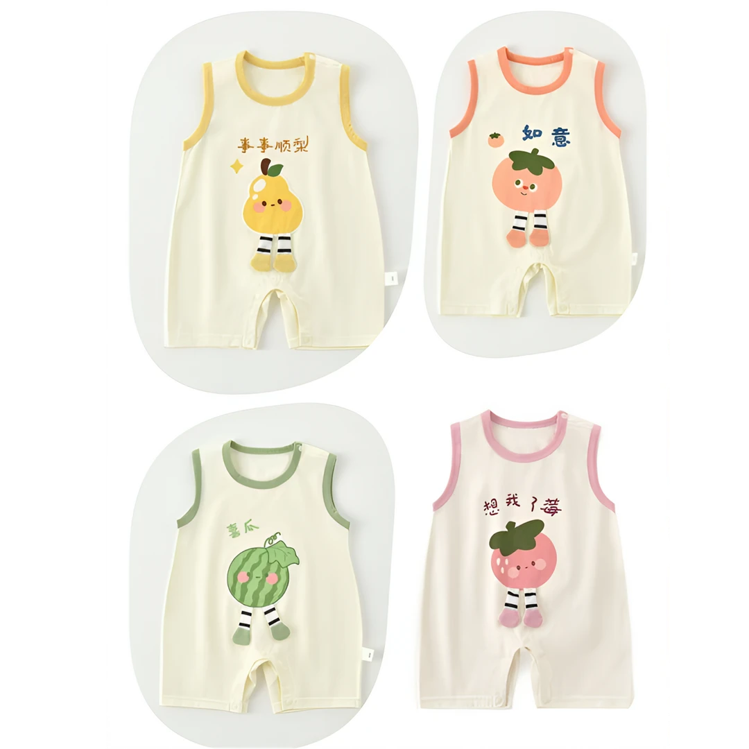 夏季新款卡通水果宽肩哈衣婴幼儿清爽透气无袖棉质薄款连体衣爬服