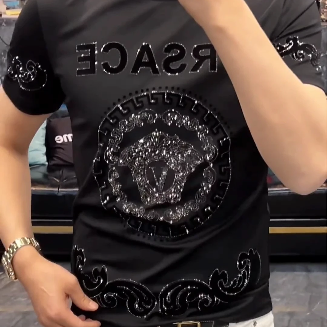 怀勤桑顿夏季新款男士烫钻短袖休闲简约时尚潮流圆领帅气植绒印花