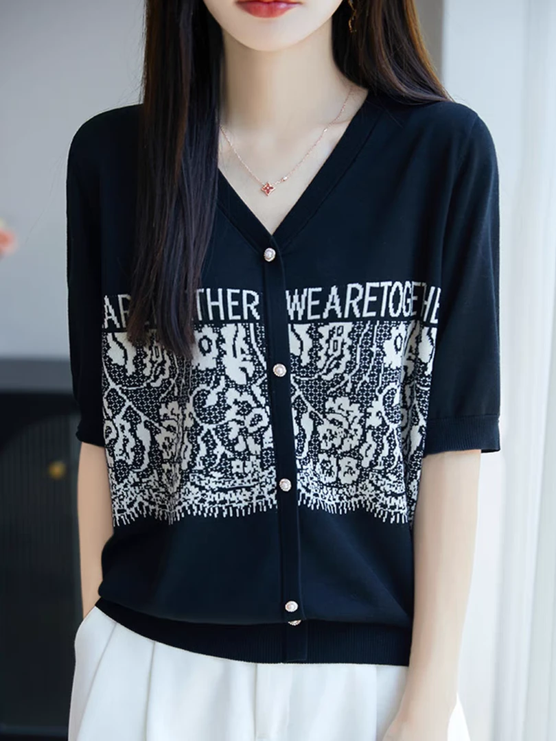 2025夏季新款薄款透气V领拼色短袖女宽松显瘦百搭t恤上衣韩版7743