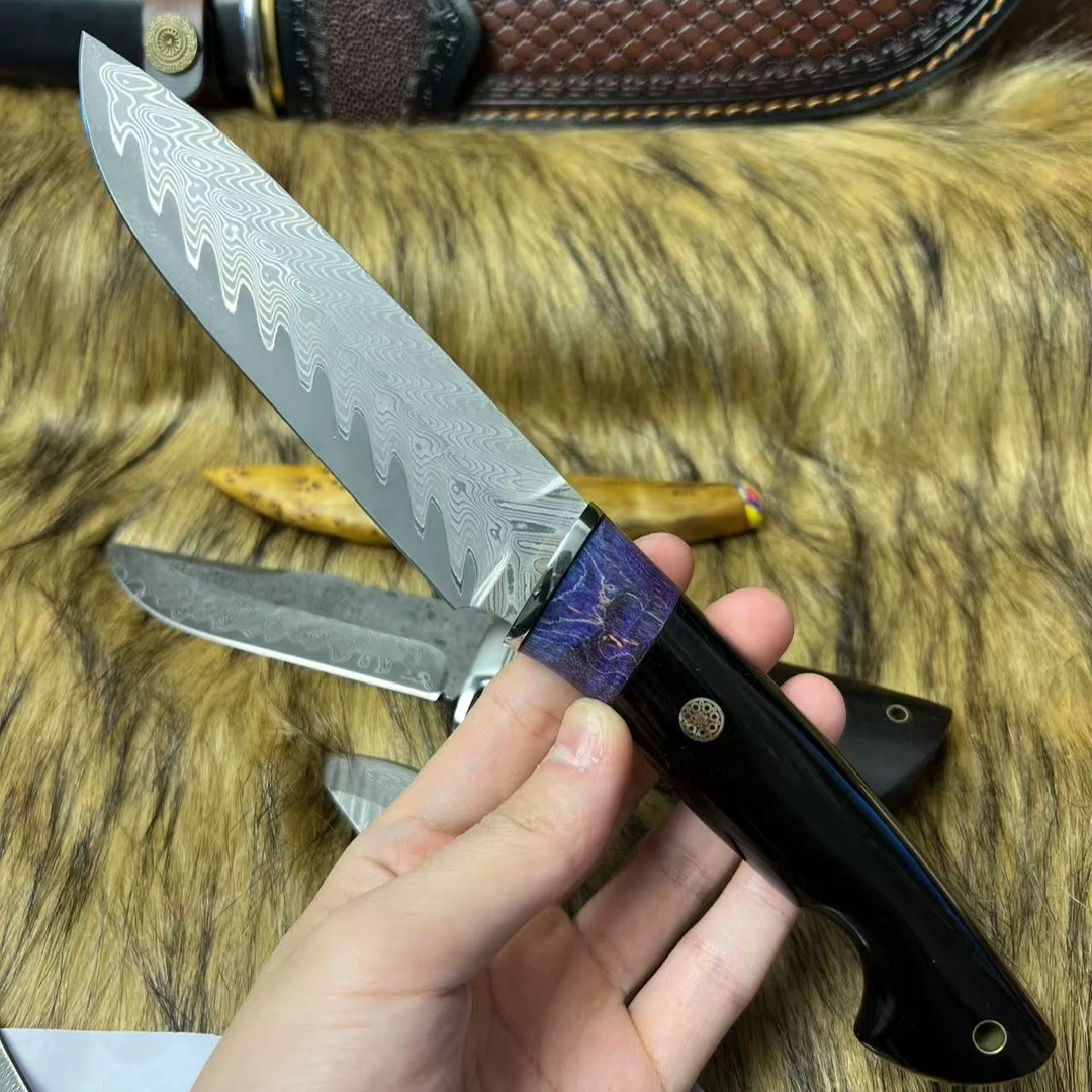 【大鲨鱼】莫桑比克进口嫩叶紫光檀手工锻造扭转天星纹大马士革刀