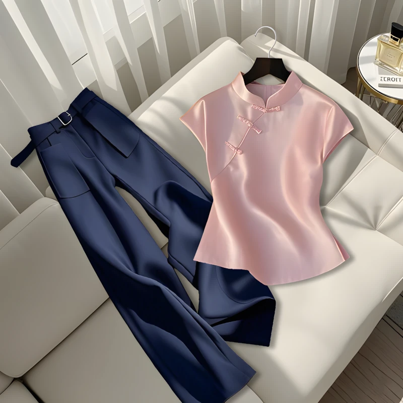 2025夏季新款今年流行别致绝美时尚气质显瘦上衣高腰宽松直筒裤女