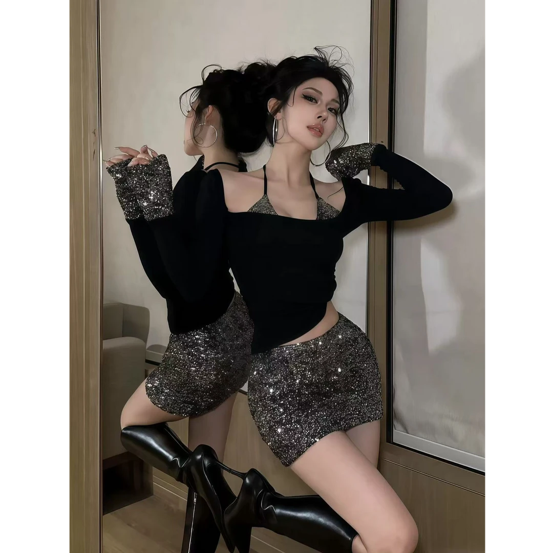 美式辣妹2026春季新款ins假两件上衣配气质亮片包臀短裙套装女