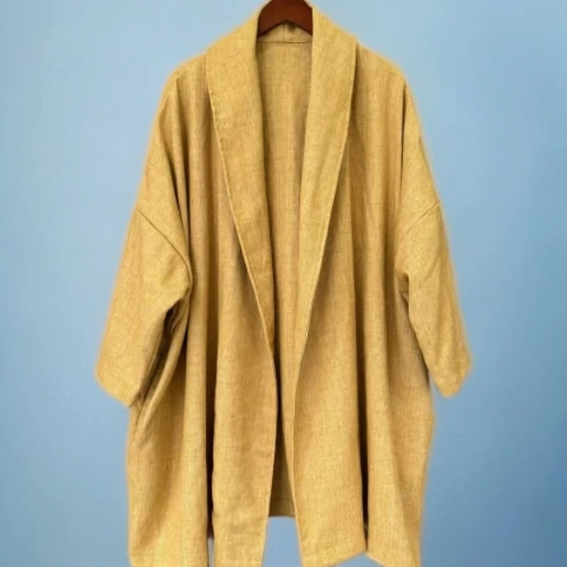 麻料炒色青果领中长风衣外套(衣长90，穿到180斤）复古春款百搭