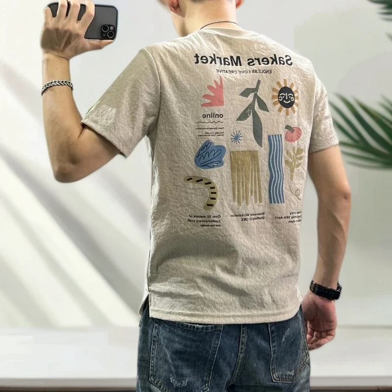 仓石一树轻奢潮牌牛津麻棉短袖t恤男夏薄款修身卡通印花短袖T恤男
