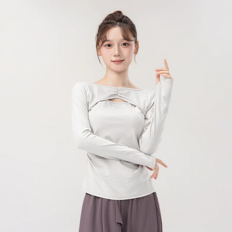 现代舞蹈服女秋新款长袖套指镂空捏褶设计感练功服显瘦古典舞上衣