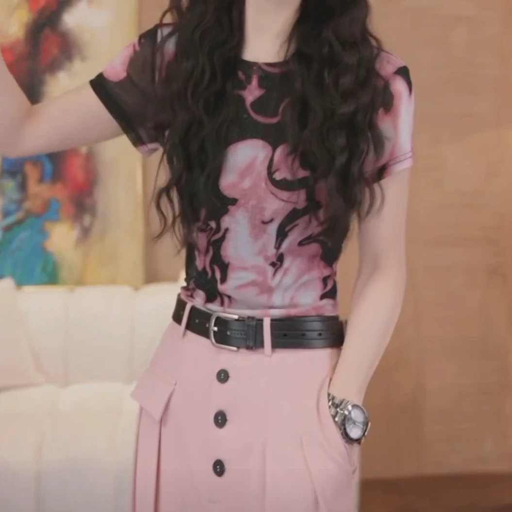 设计感撞色扎染长袖T恤女2025新款春夏时尚休闲圆领显瘦防晒上衣