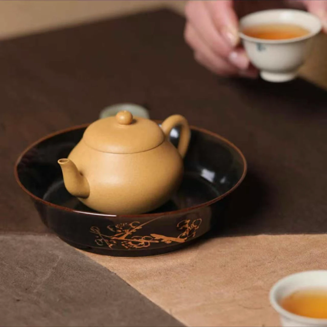 【斋居】弥云斋-凌寒·黑釉画金承盘-单壶承不含茶壶（弥云S0458）