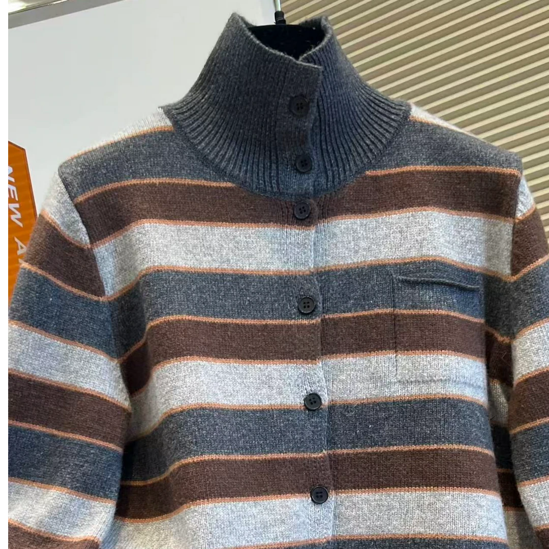 毛衣针织时尚休闲条纹高领秋冬拼色D171