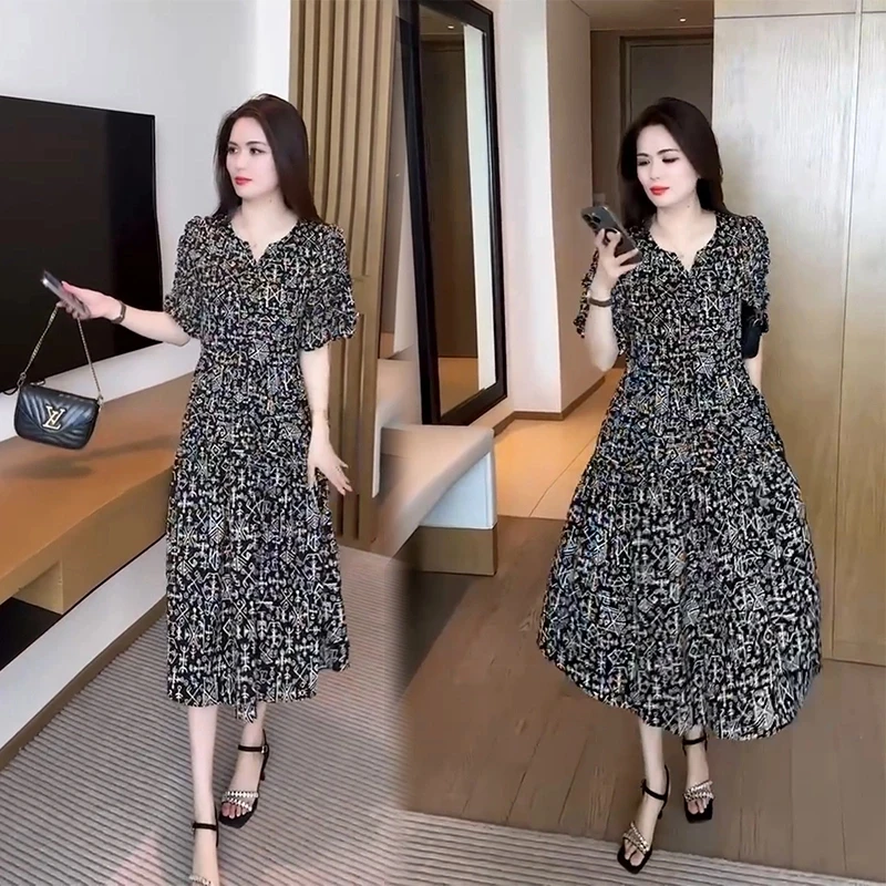 夏季新款大码女装连衣裙遮肉显瘦加肥加大款显瘦高级感时尚简约