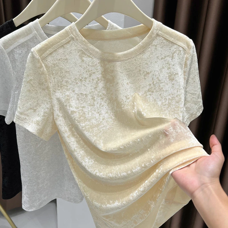 高档软糯钻石毛短袖T恤打底衫女新款爆款洋气内搭小个子修身上衣