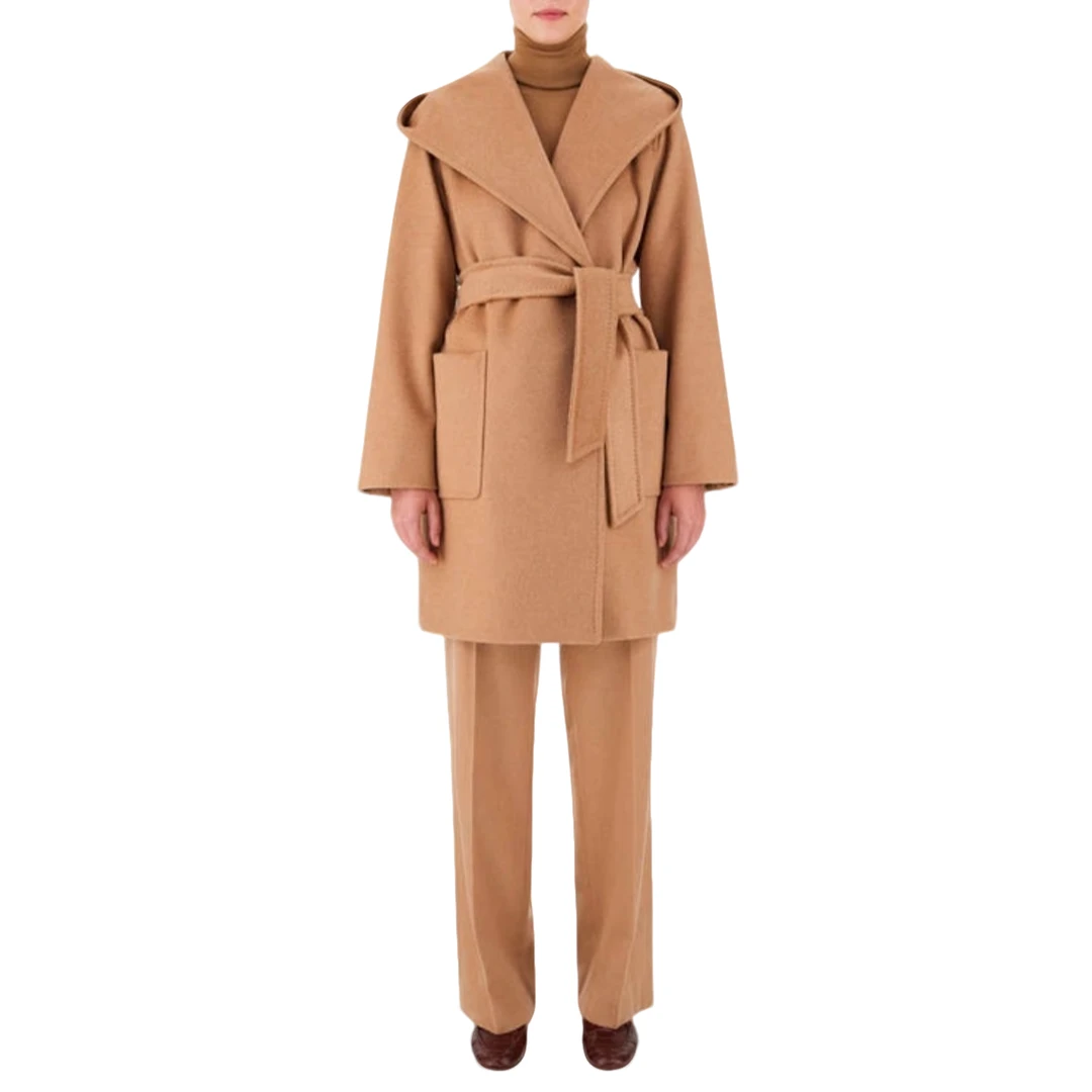 99新 MaxMara  女士翻领连帽骆驼毛呢子大衣外套 驼色 36码 CS