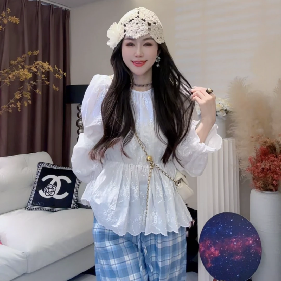 L.X~春季新款减龄洋气重工提花花边泡泡袖圆领长袖衬衫上衣6210