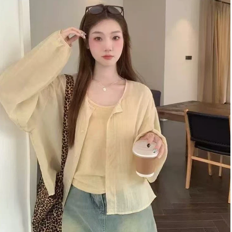 韩系薄款2025新款防晒衬衣休闲时尚气质百搭纯色衬衫显瘦夏款上衣