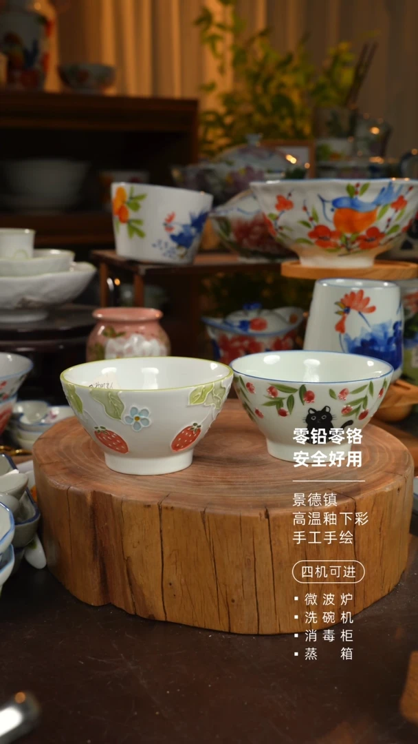 瓷2个景德镇高温釉下彩食品级5寸斗笠