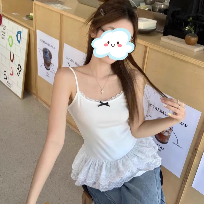 甜美风下摆蕾丝拼接叠穿吊带女夏季新款洋气百搭修身打底背心ins