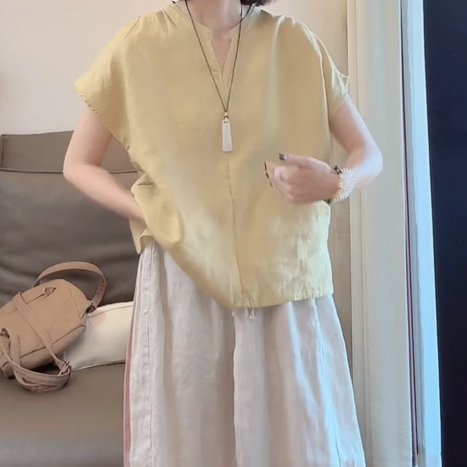 2025夏季新款文艺简约纯色小V领飞飞袖衬衫C5501