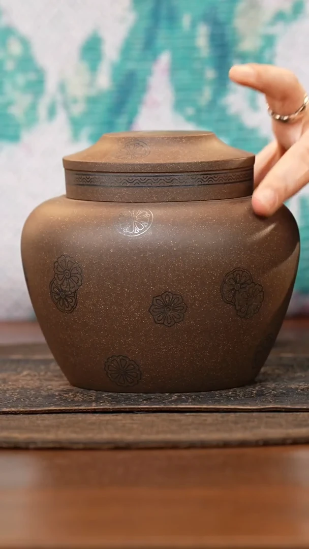 紫砂茶叶罐套盖老青段金银绘茶叶罐