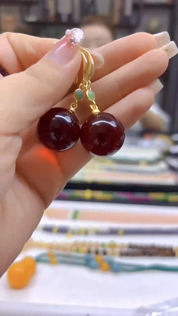 14K金镶嵌血珀耳饰DIY款E706