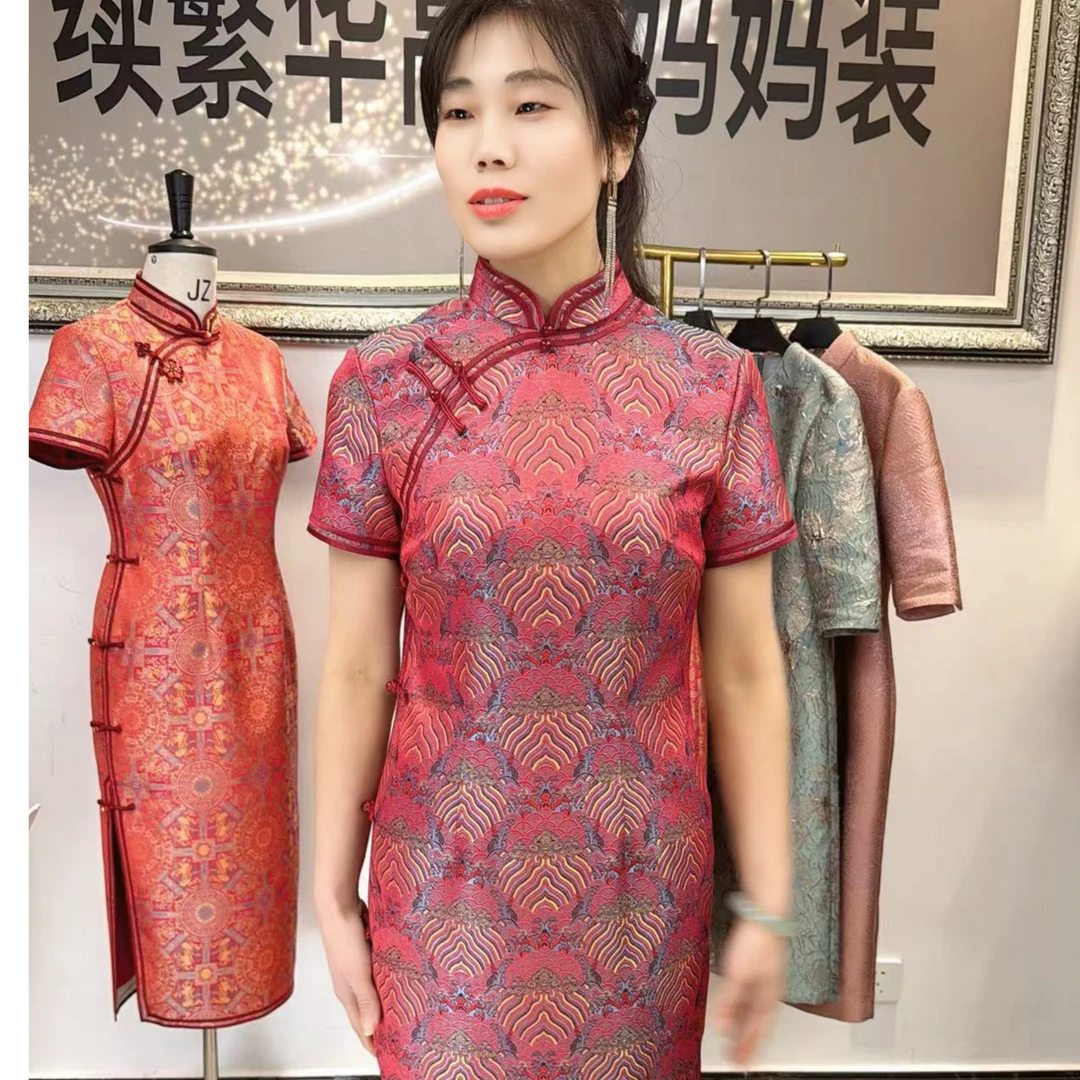 【锦绣前程】喜婆婆织锦提花酒红旗袍丈母娘宴服喜妈妈红色妈妈装