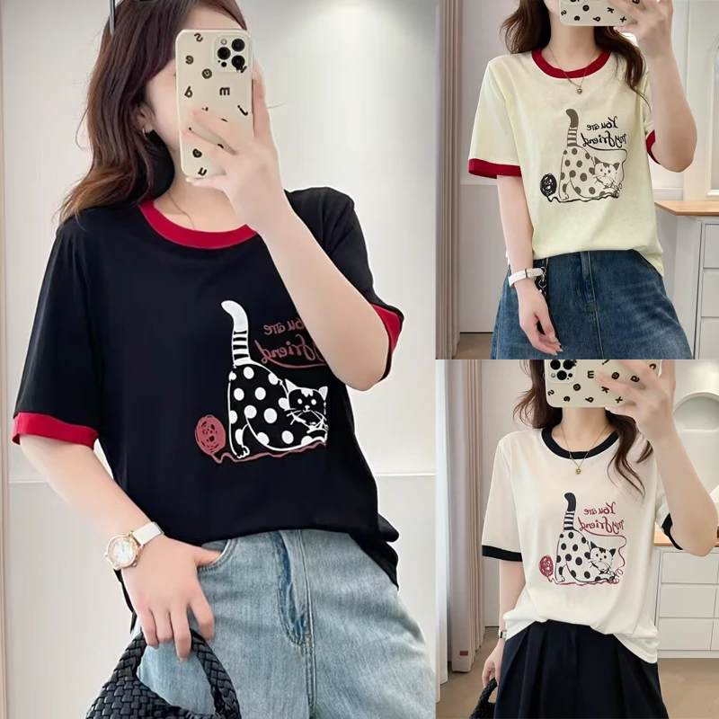 大码女装夏季韩版复古撞色百搭上衣休闲猫咪印花圆领短袖T恤衫661
