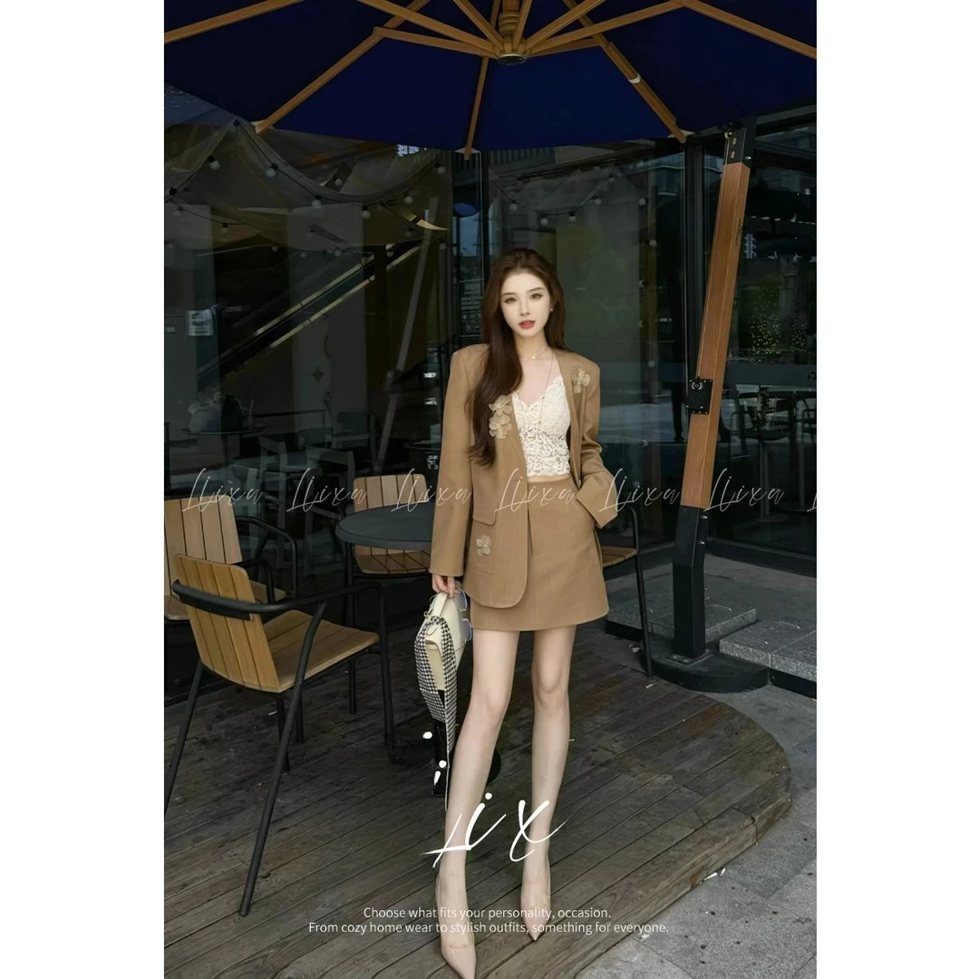 【现货送吊带】琥珀流光色系高级感休闲西装套装立体花西服外套