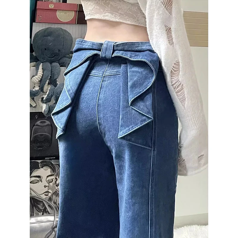 刘亦菲同款蝴蝶结蓝色直筒牛仔裤女春季爆款复古高腰宽松阔腿裤子